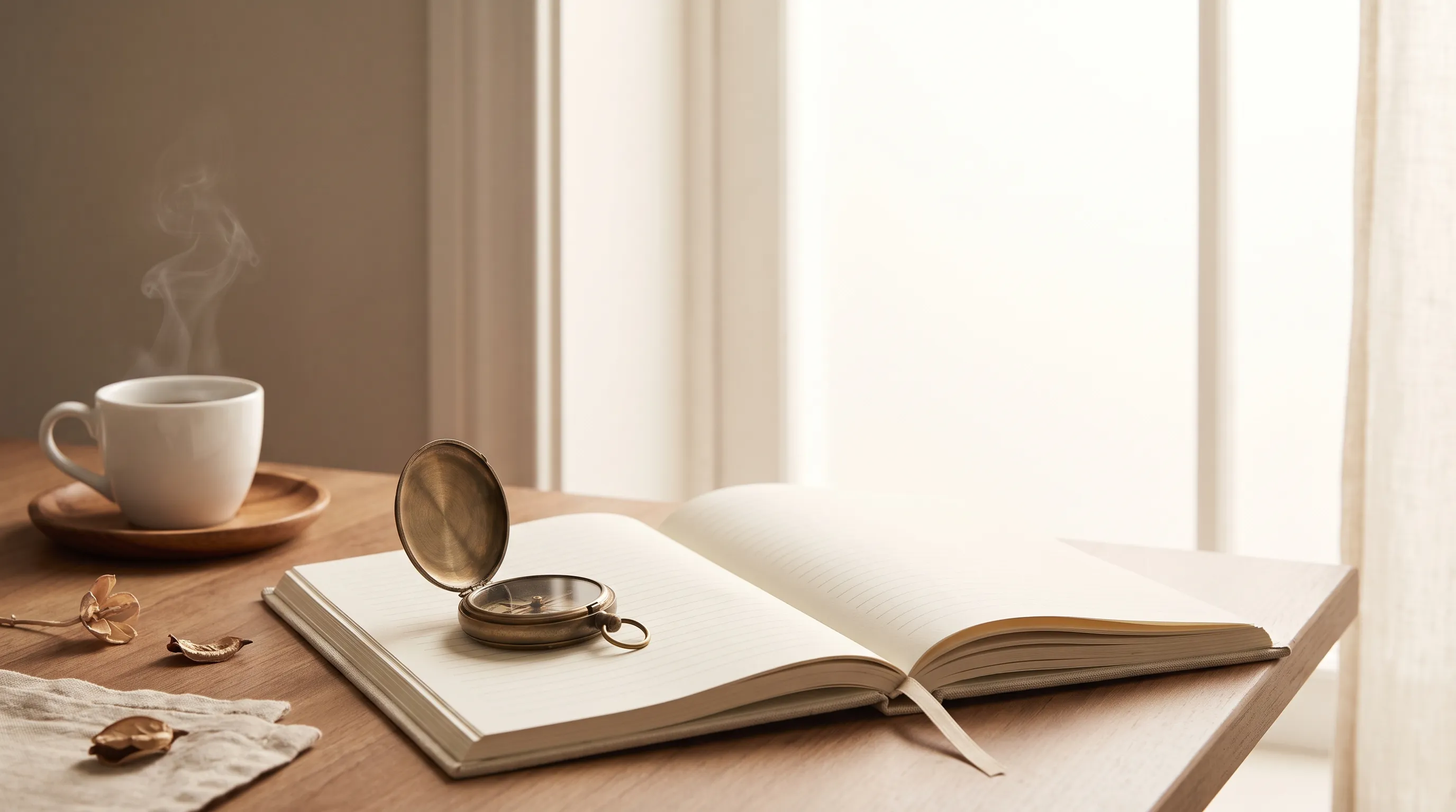 Illustrative brass compass on an open journal beside morning coffee